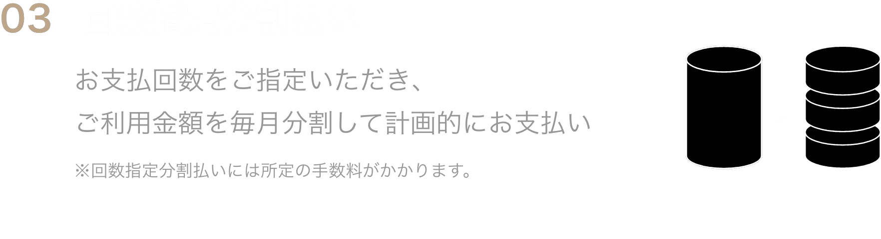 03回数指定分割払いお支払回数をご指定いただき、ご利用金額を毎月分割して計画的にお支払い※回数指定分割払いには所定の手数料がかかります。