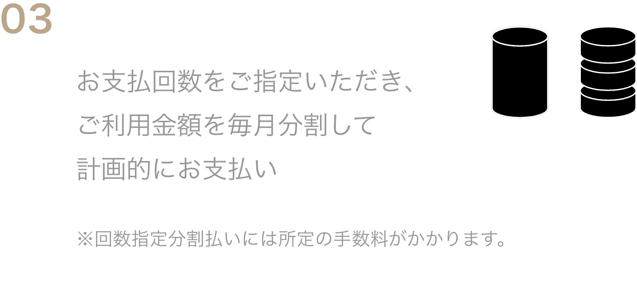 03回数指定分割払いお支払回数をご指定いただき、ご利用金額を毎月分割して計画的にお支払い※回数指定分割払いには所定の手数料がかかります。