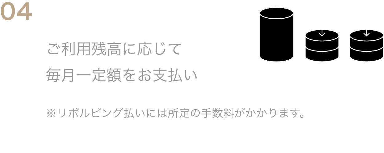 04リボルビング払いご利用残高に応じて毎月一定額をお支払い※リボルビング払いには所定の手数料がかかります。