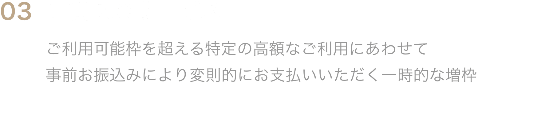 03事前入金サービスご利用可能枠を超える特定の高額なご利用にあわせて事前お振込みにより変則的にお支払いいただく一時的な増枠