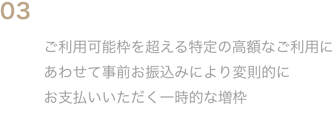 03事前入金サービスご利用可能枠を超える特定の高額なご利用にあわせて事前お振込みにより変則的にお支払いいただく一時的な増枠