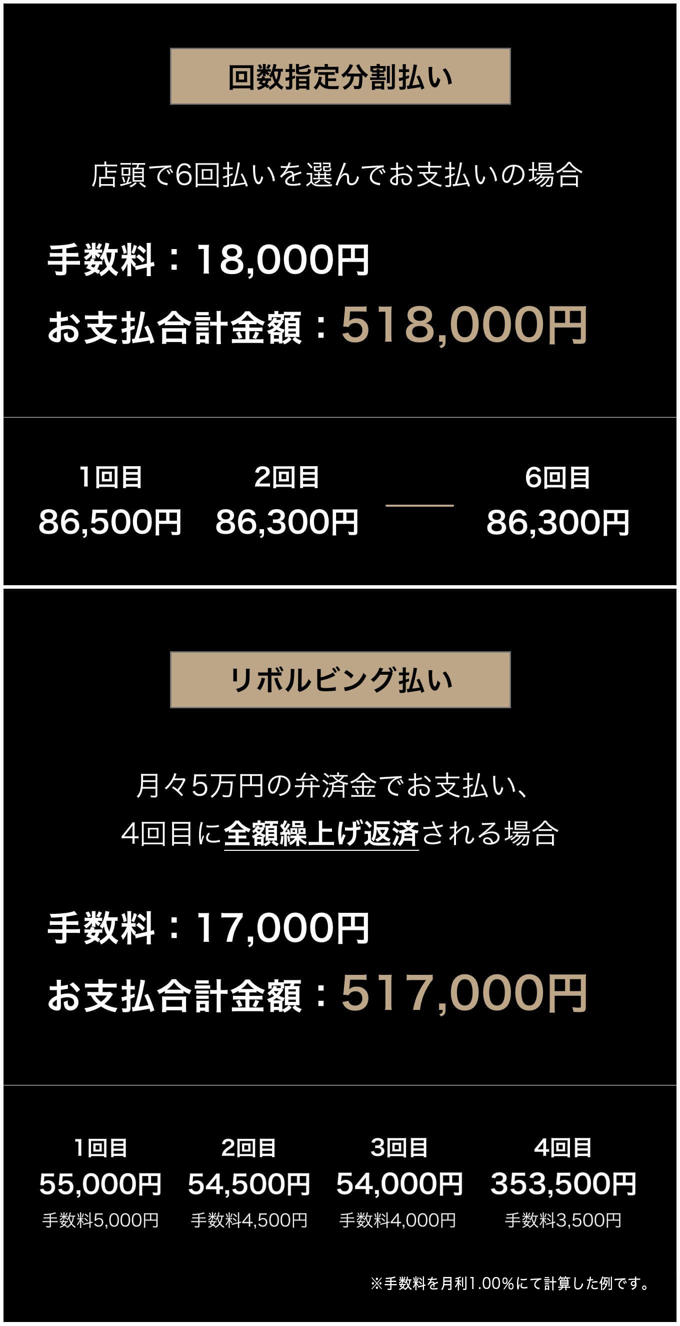 回数指定分割払い店頭で6回払いを選んでお支払いの場合手数料：18,000円　お支払合計金額：518,000円
