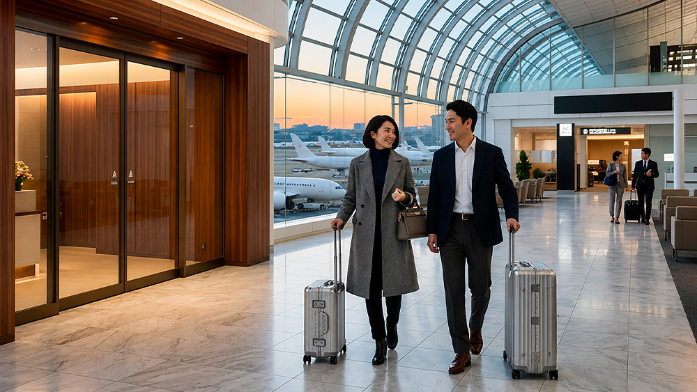 トランクを引きながら空港を歩く男女