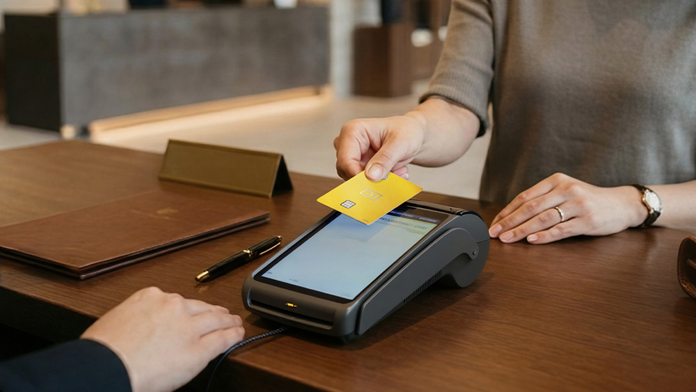 クレカを手にしながら、ホテルのチェックインカウンターでスマートに手続きしている