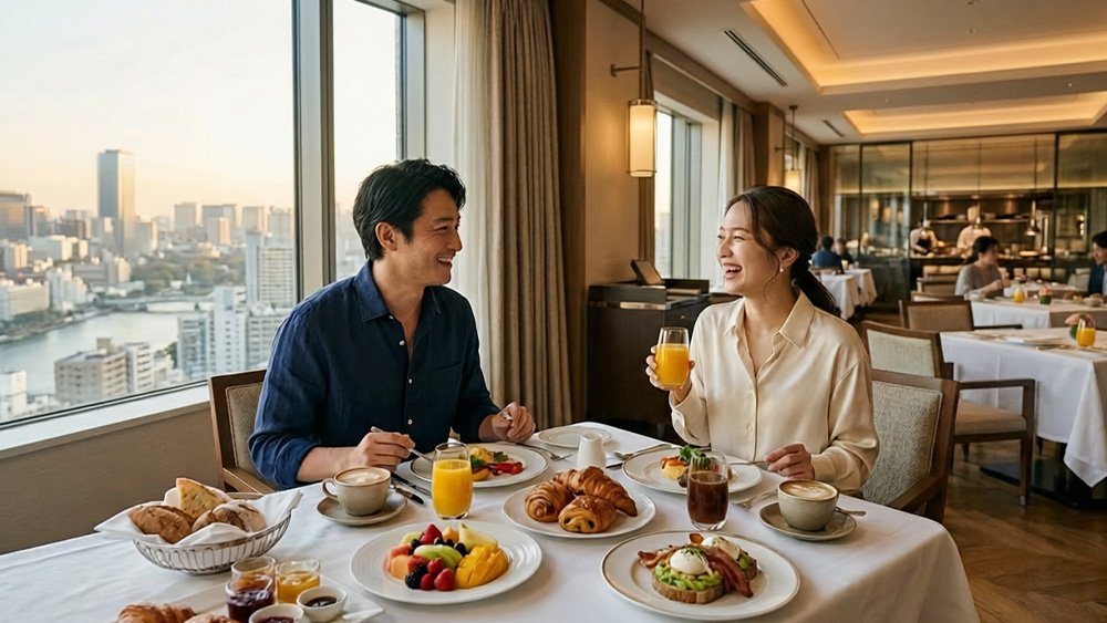 ホテルの上質な客室で、朝食をゆったり楽しんでいる男女
