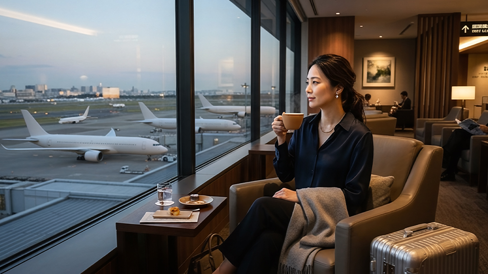 空港ラウンジでくつろぐ女性